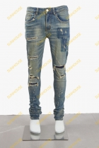 2023 Blue ripped patch jeans men's narrow-legged denim