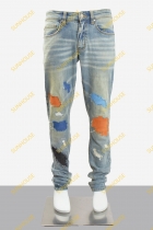 2023 Blue ripped multi-color patch jeans men's narrow-legged denim
