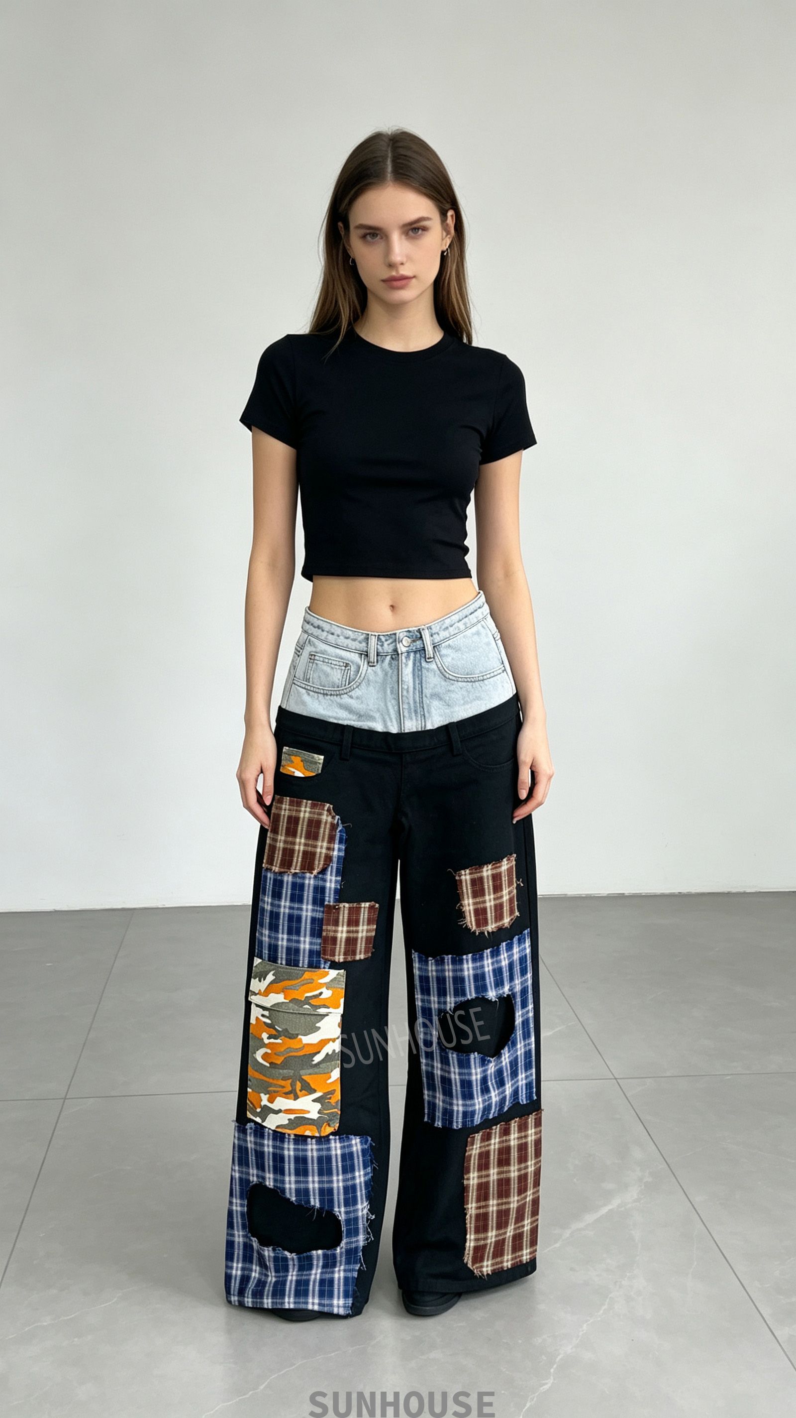 dual waist plaid spliced straight-leg jeans