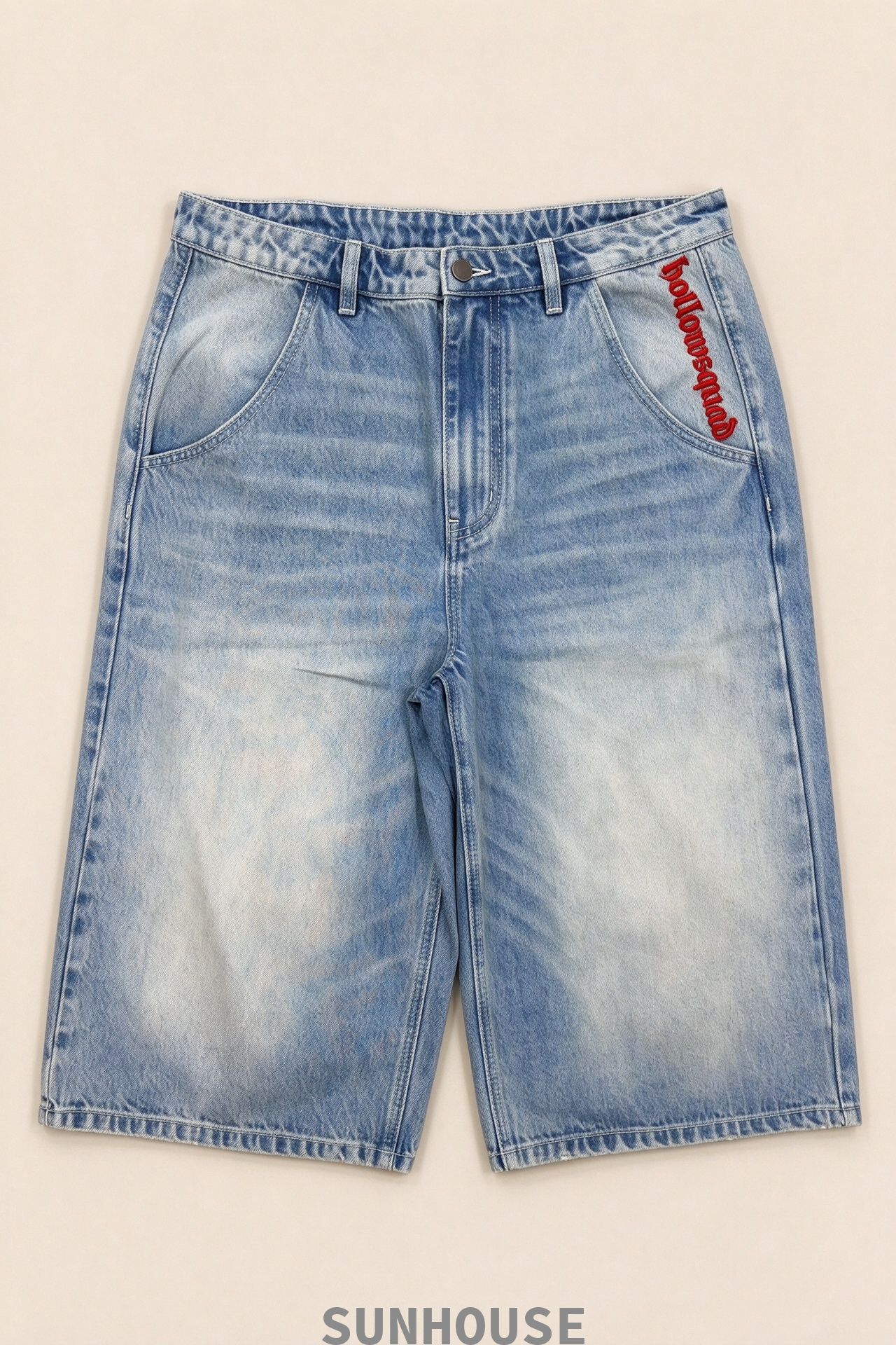  Blue Washed Denim Capri With Red Embroidery