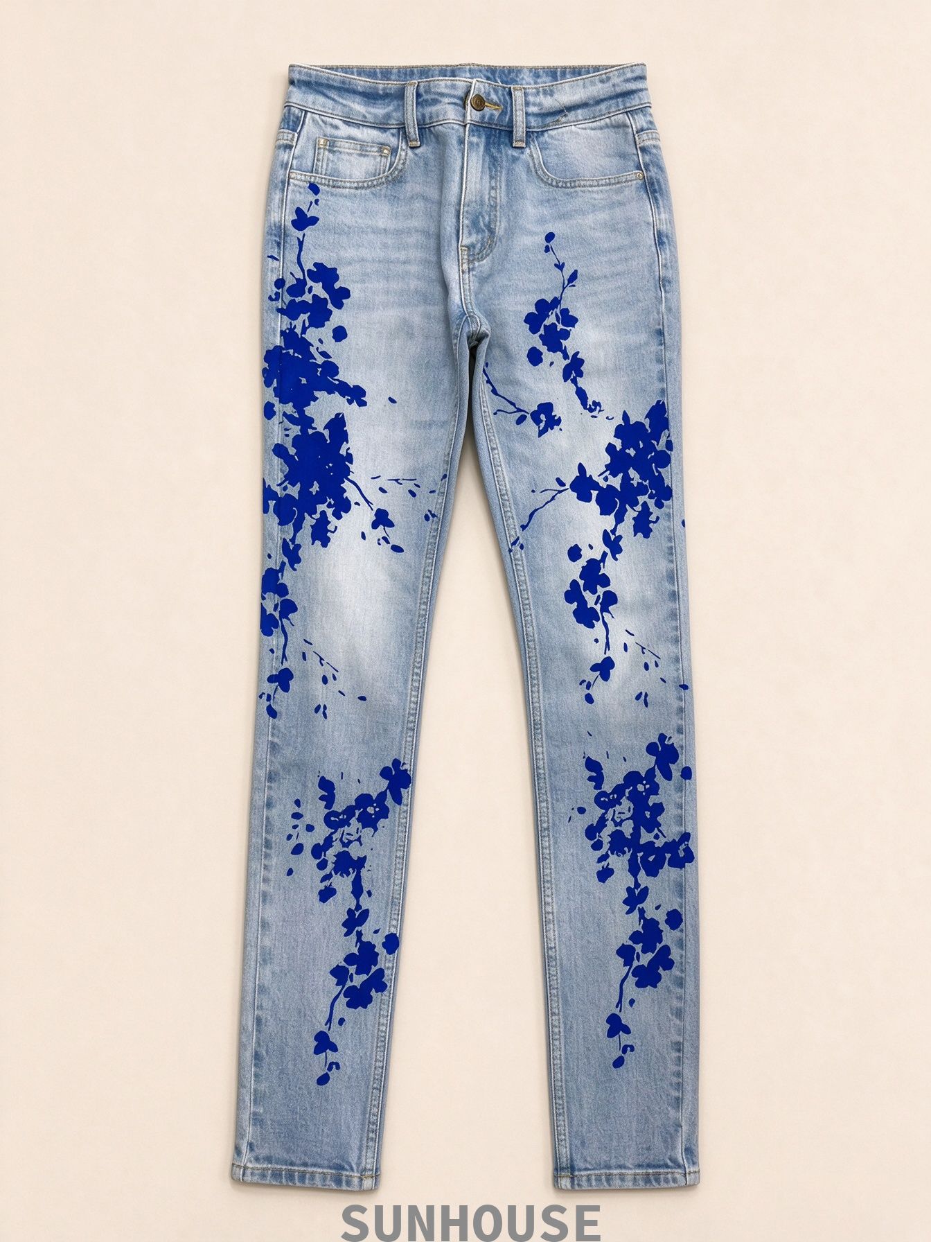 Blue Floral Flock Print Jean