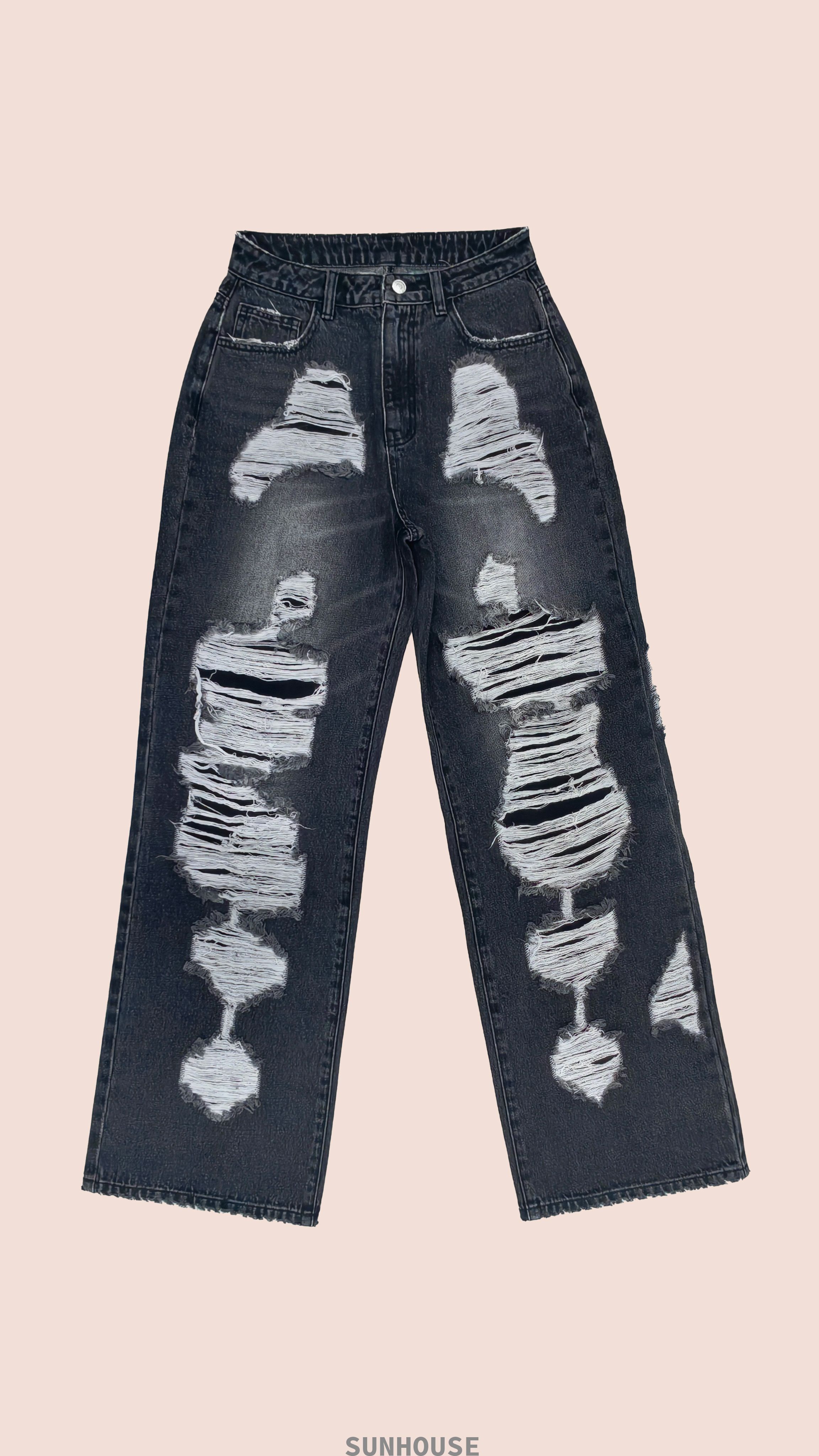 black denim set with colorful webbing straps