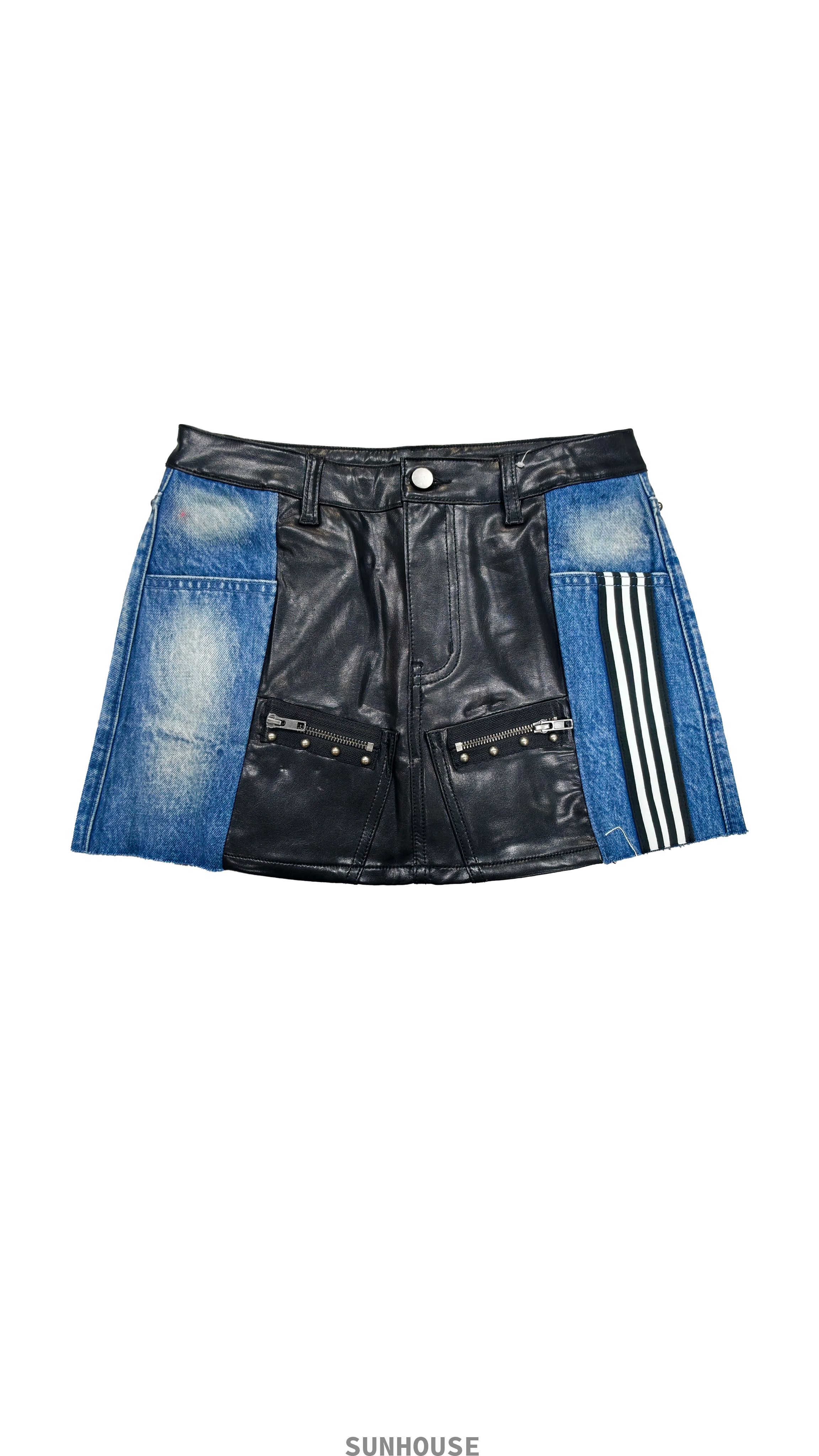 denim spliced leather mini skirt