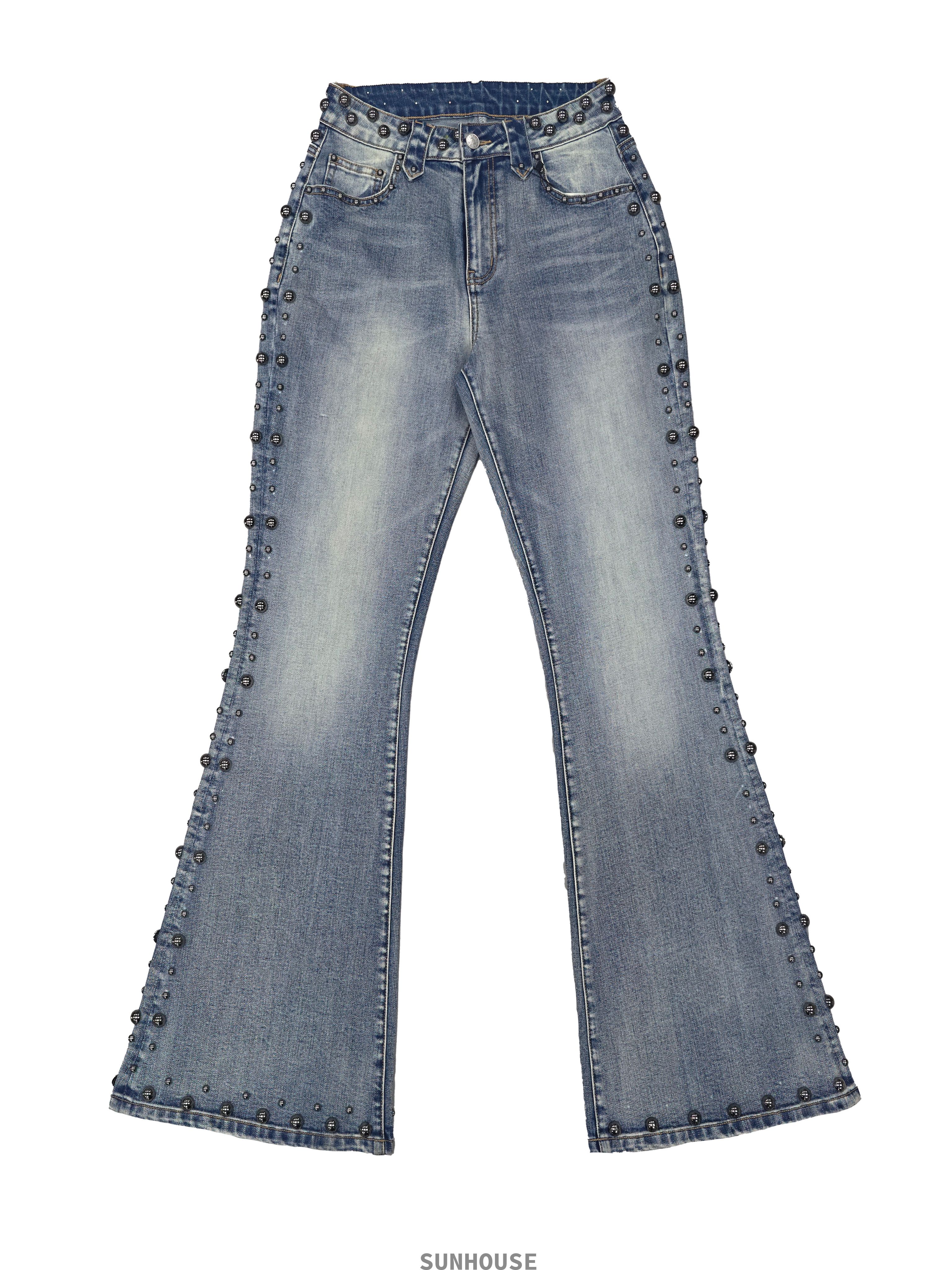 Mushroom rivet denim flare pants
