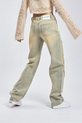 Waves destroy denim jean -Yellow look